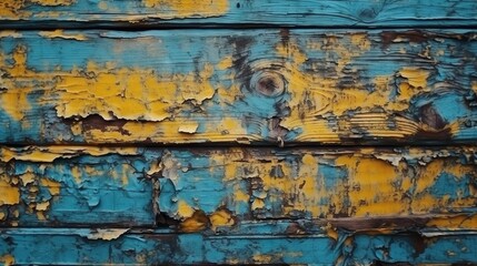  a blue and yellow painted wall with peeling paint on it.  generative ai