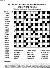 Crossword puzzle game of 15x15 size grid. Large print, quick style, criss-coss (or fill-in, else kriss-kross) . No p22821, words ABBEY to INVERNESS, hint letter A. General knowledge, family friendly c