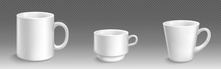 Realistic set of white mug and cup mockups isolated on transparent background. Vector illustration of ceramic containers for drinking beverages at home, in office or in restaurant. Branding template