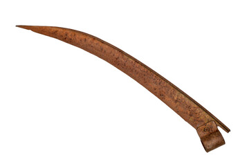 The blade of an old rusty scythe on a white background. The blade of an antique scythe close-up.