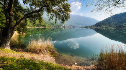 amazing landscape of lake Endine in spring morning, Italy