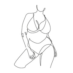 Curvy Woman Body Line Art Drawing. Fat Female Figure Black Lines Drawing Minimalist Style. Body Positive Woman Figure Continuous One Line Abstract Drawing. Vector Illustration