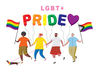 Cartoon style vector illustration of people celebrating LGBT+ Pride