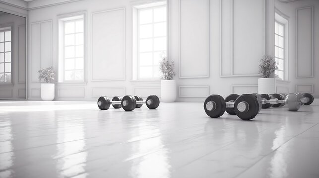  a white room with a row of black and white wheels.  generative ai