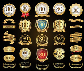 Collection of  Anniversary gold laurel wreath badges and labels vector illustration - obrazy, fototapety, plakaty