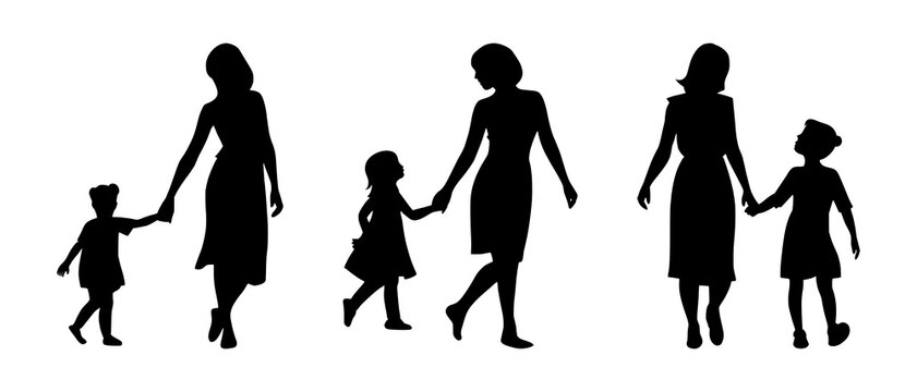 A mother and child holding hands walking together silhouette black filled vector Illustration icon