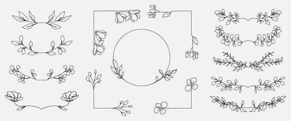 Fototapeta na wymiar Line Drawing of Floral Borders, Vintage Frames with Linear Leaves, Flowers. Abstract Trendy Botanical Elements Set. Vector Line Art Floral Set for Label, Invitation, Cards