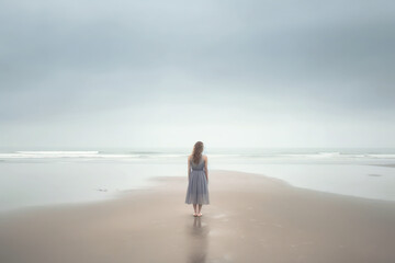Back view of a woman standing on a foggy beach, Generative AI