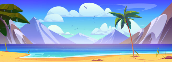 Fototapeta na wymiar Vector summer sea beach cartoon mountain view background. Ocean tropical paradise landscape with sand shore and palm tree. Exotic mediterranean bay panorama illustration with wild coastline concept