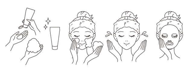 洗顔・スキンケアをしている女性/洗顔料の使用方法のベクターイラスト素材 Vector illustration of a woman washing her face and taking care of her skin / Vector illustration of a woman using a facial cleanser.