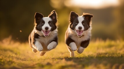 Naklejka na ściany i meble Two energetic Border Collies leap and bound through a field
