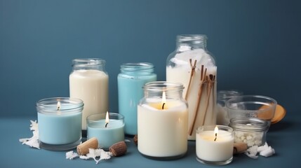  a group of candles and jars with some candles in them.  generative ai