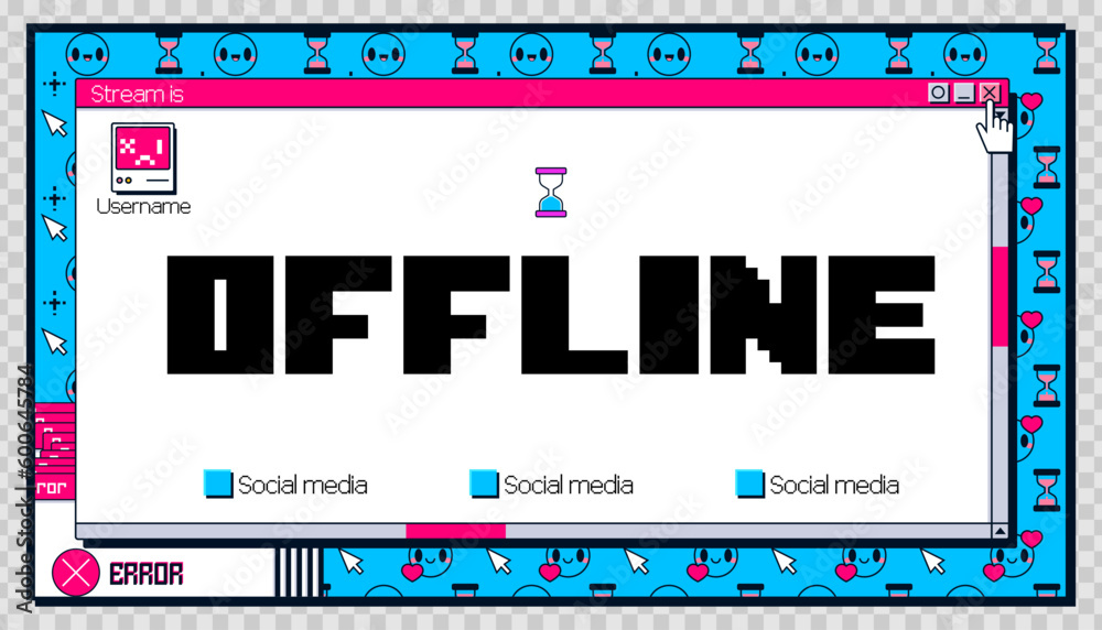 Poster y2k offline game stream banner background with error. twitch creative layout in blue and pink. strea