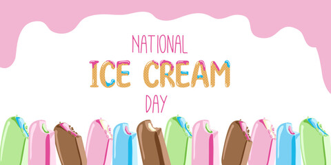 Happy National Ice Cream Day card. A waffle cone with various fruit ice cream scoops. Vector banner in flat cartoon style.