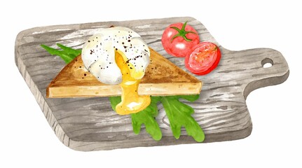 Traditional breakfast toast with poached egg, tomatoes and herbs on cutting board. Cooking lunch, dinner. Hand drawn watercolor illustration isolated on white background. Template for design menu.