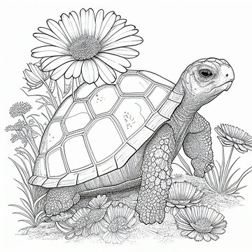 South American tortoise illustrated with black lines on white background for coloring. Generative AI.