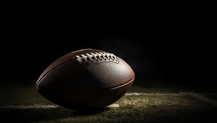 Close-up of amrican football ball on the field in darkness, Generative AI