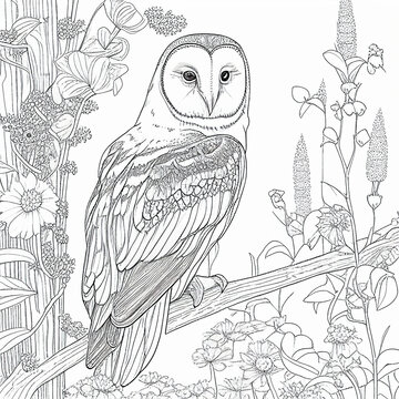 South American barn owl illustrated with black lines on white background for coloring. Generative AI.