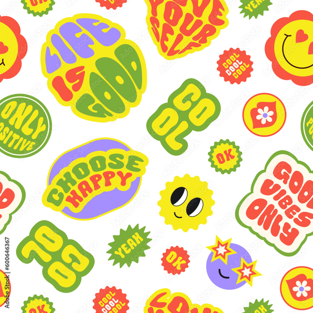Aufkleber trendy colorful cartoon stickers seamless pattern with smiling face and text on a white background. 