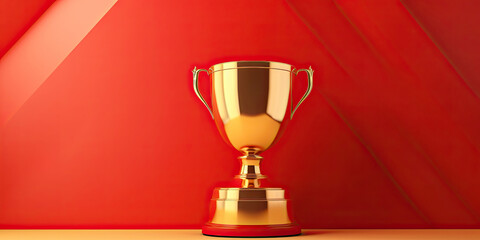 Golden cup on red background, front view, Generative AI