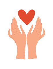 Two hands and red heart symbol isolated on white background. The concept of love, support, family, romance, feedback. Flat cartoon vector with red heart.