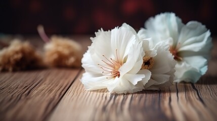  two white flowers on a wooden table with a blurry background.  generative ai