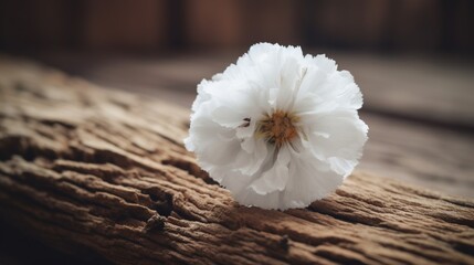  a white flower sitting on top of a wooden table next to a window.  generative ai