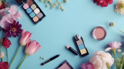 Obraz na płótnie Canvas a blue background with flowers, cosmetics, and makeup products. generative ai