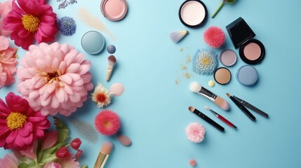 Obraz na płótnie Canvas various makeup products and flowers on a blue background with a pink flower. generative ai