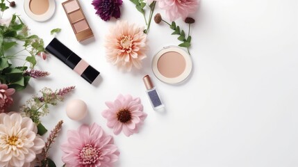  a white table topped with lots of flowers and makeup products.  generative ai