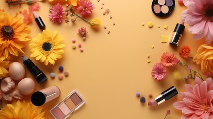  various cosmetics and flowers on a yellow background with copy space.  generative ai