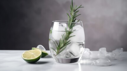  a glass of water with ice, lemon, and a sprig of rosemary.  generative ai