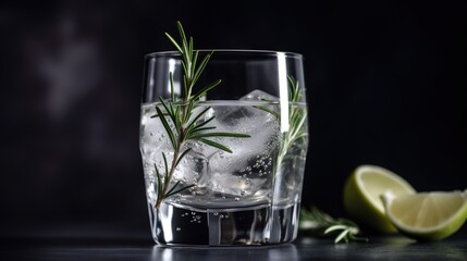  a glass of water with ice and a sprig of rosemary.  generative ai