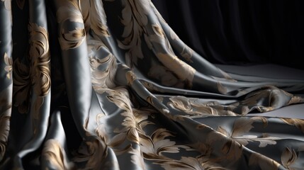 Fototapeta na wymiar a black and gold curtain with a flower pattern on it. generative ai