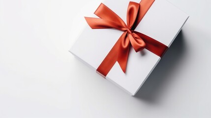  a white gift box with a red ribbon on top of it.  generative ai