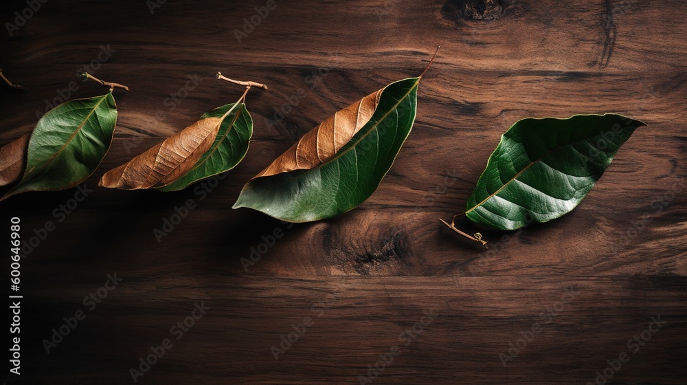 Wall mural  three green leaves on a wooden table with a dark background.  generative ai