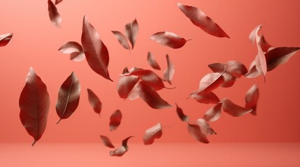  a bunch of leaves flying in the air on a pink background.  generative ai