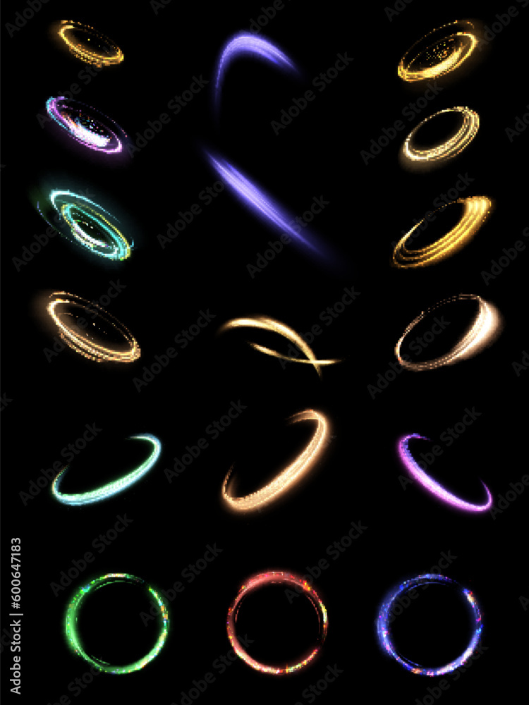Poster set of neon light circles. sign of an ethereal fire portal with a spark of flame. decor elements blu