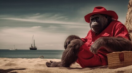 Mature old male Gorilla on a relaxing summer holiday on a tropical island beach, cocktail in hand enjoying retired life, hilarious and funny - generative AI 