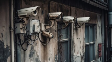  a row of security cameras mounted to the side of a building.  generative ai