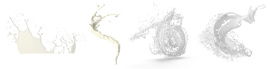 Set of realistic milk splashes of various shape with drops isolated on transparent background
