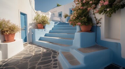  a set of blue steps leading up to a building with potted plants.  generative ai