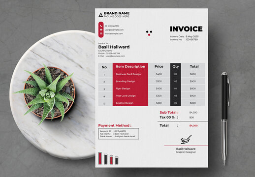 Business Invoice Red Color Design Template