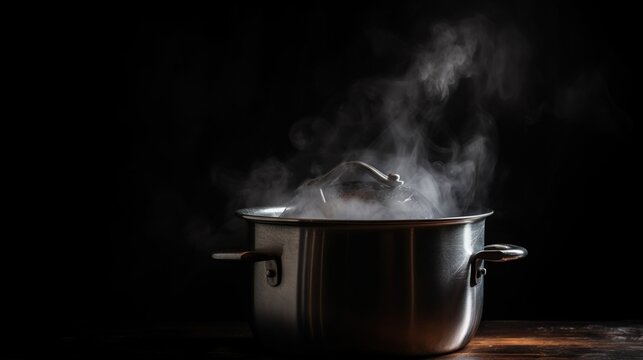 a pot with steam rising out of it on a table.  generative ai