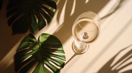  a glass of white wine next to a green leafy plant.  generative ai