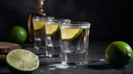  three shot glasses with limes and limes next to them.  generative ai