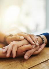 Holding hands, mockup and closeup with trust, solidarity and community on a home table. Therapy, care and gratitude of friends together with hope, respect and love for grief empathy and forgive - obrazy, fototapety, plakaty