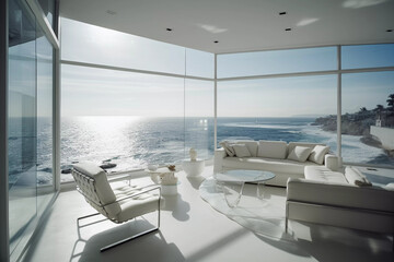 Fototapeta na wymiar Modern Interior Designed House with an Ocean View - Generative Ai