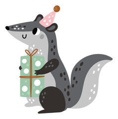 Cute forest animal with gift. Funny badger with present box