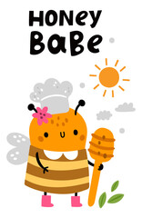 Honey baby card with cute bee cooking. Funny poster template